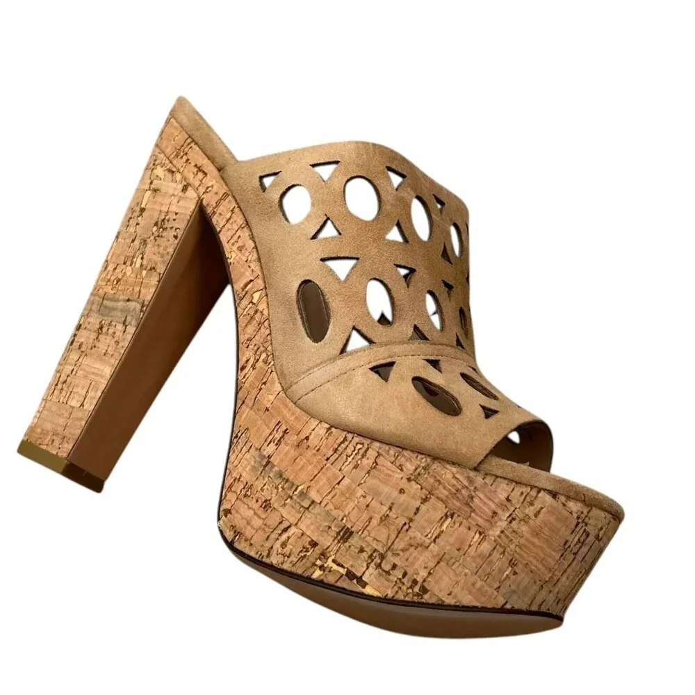 Pelle Moda Peep Toe Women’s Sandal Size 8.5 Latte Suede Cork Platform Block Heel